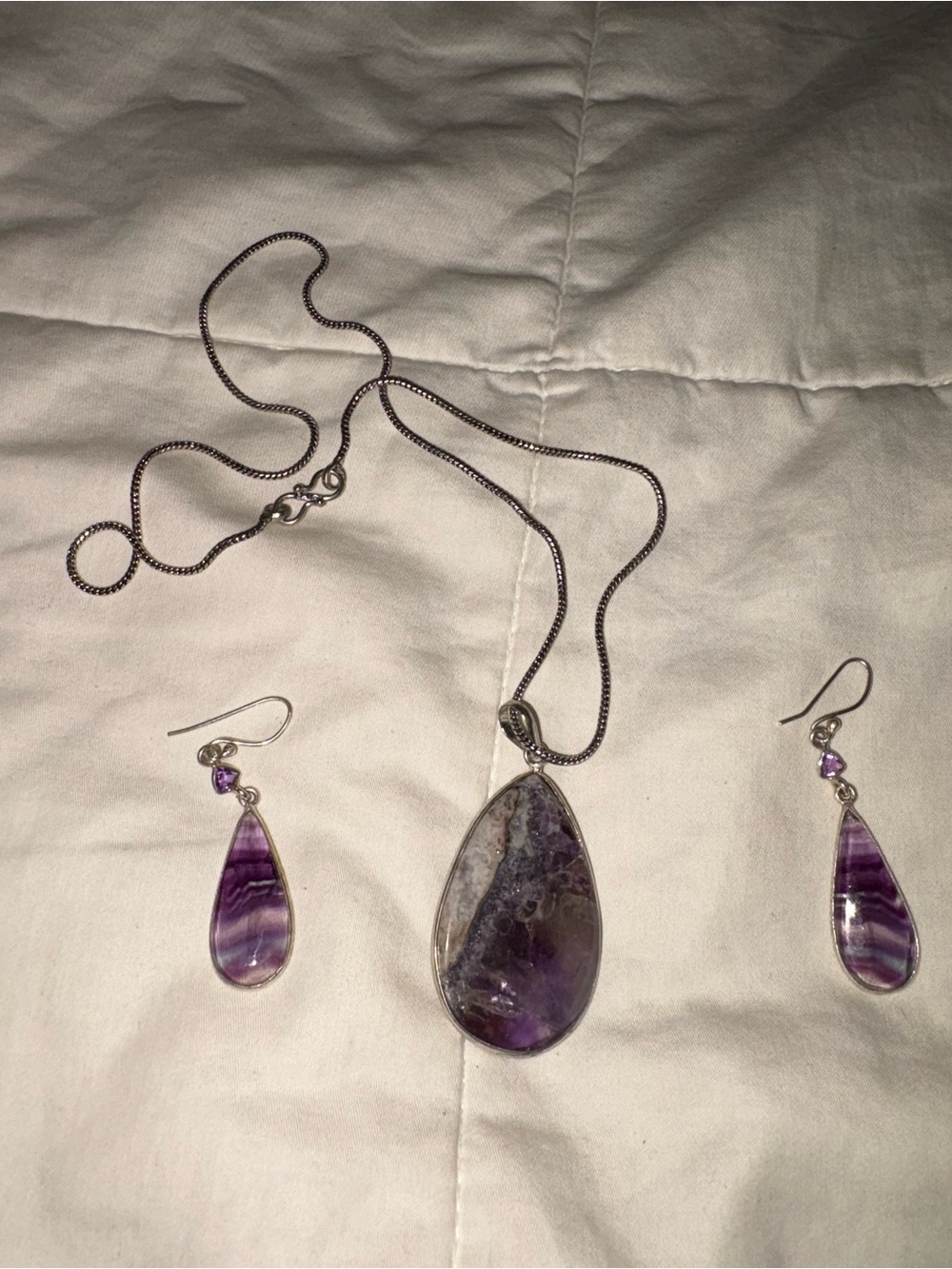 Amethyst Teardrop Pendant Necklace and Earrings Set - Purple Gemstone
